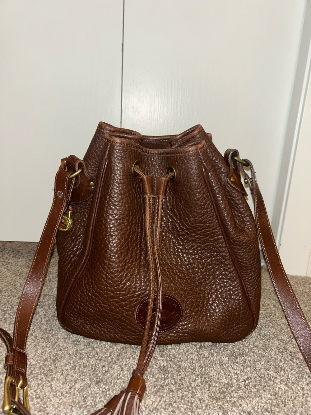 Vintage 1980’s Dooney & Bourke Brown Pebbled Leather Drawstring Bucket Crossbody - Picture 1 of 9